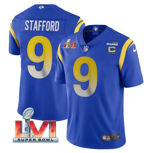 Men's Los Angeles Rams #9 Matthew Stafford 2022 Royal With C Patch Super Bowl LVI Vapor Limited Jersey - Click Image to Close